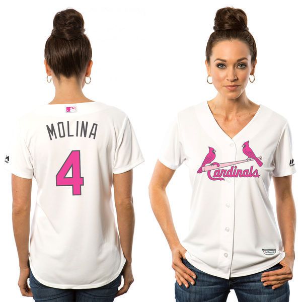 Women 2017 MLB St.Louis Cardinals #4 Yadier Molina White Mothers Day Jerseys->women mlb jersey->Women Jersey